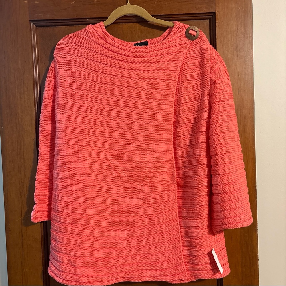 Pure Handknit Collection XL Vibrant Coral Knit Top 100% Cotton Button Cardigan